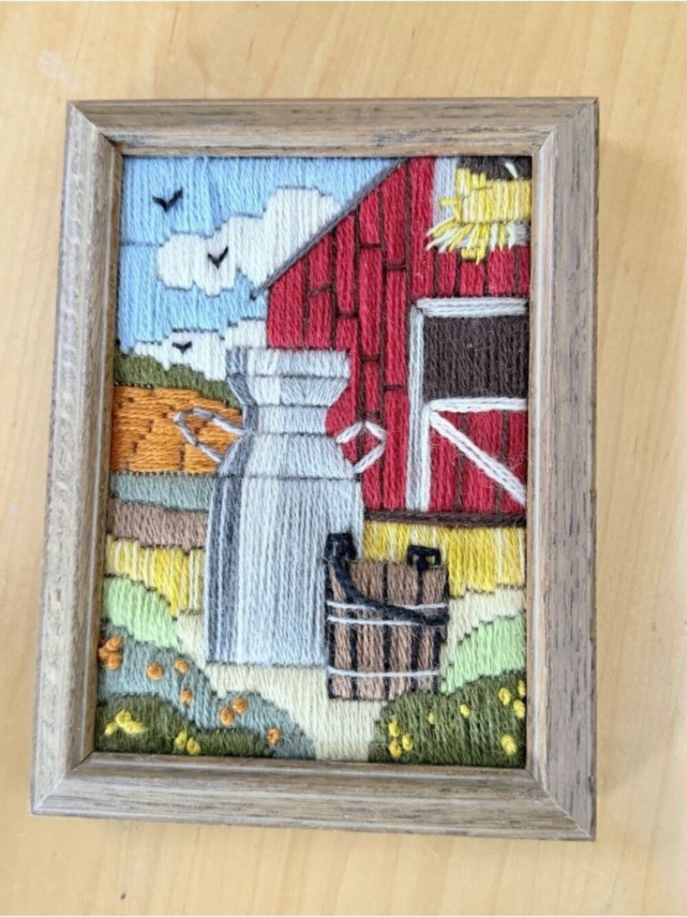 Vintage Crewel Embroidery Framed Finished Farmhouse Cottage Milk Bottle Picnic